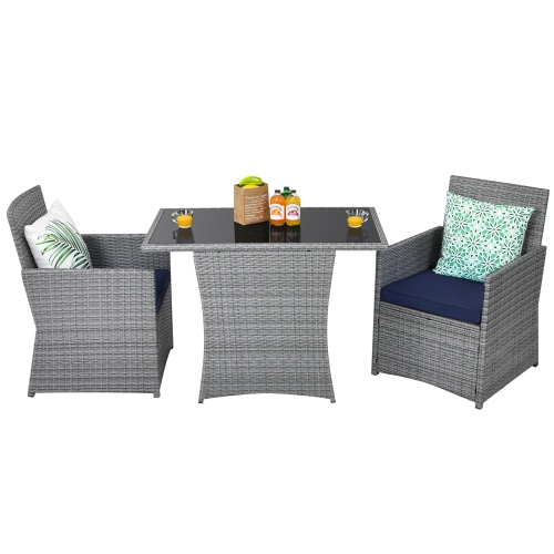 Patiojoy 3PCS Patio Rattan Furniture Set Outdoor Wicker Table & Chair Set w/Cushions White/Red/Gray/Turquoise/Navy