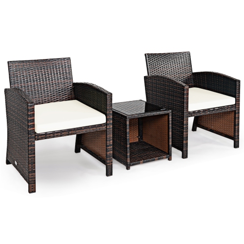 TOPBUY  Patiojoy 3 PCs Patio Rattan Furniture Set Conversation Chair Set With Soft Cushion & Coffee Table for Backyard Poolside Garden