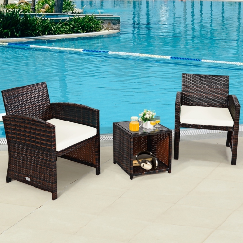 Patiojoy 3 PCS Patio Rattan Furniture Set Conversation Chair Set with Soft Cushion & Coffee Table for Backyard Poolside Garden