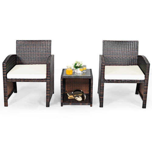 Patiojoy 3 PCS Patio Rattan Furniture Set Conversation Chair Set with Soft Cushion & Coffee Table for Backyard Poolside Garden