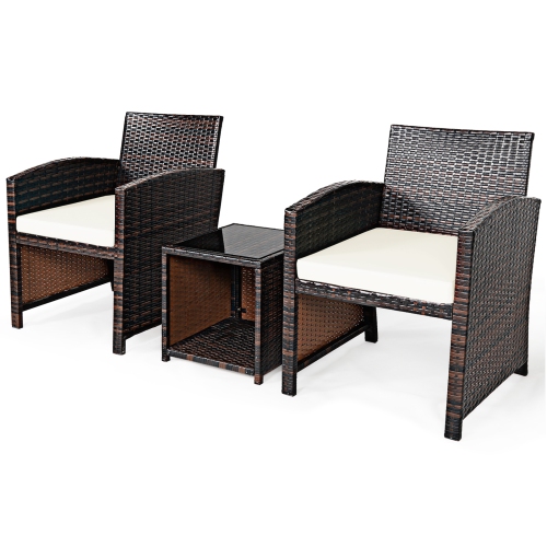 Patiojoy 3 PCS Patio Rattan Furniture Set Conversation Chair Set with Soft Cushion & Coffee Table for Backyard Poolside Garden