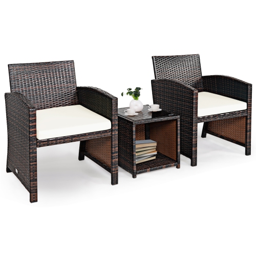Patiojoy 3 PCS Patio Rattan Furniture Set Conversation Chair Set with Soft Cushion & Coffee Table for Backyard Poolside Garden