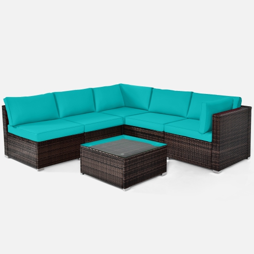 TOPBUY  Patiojoy 6PCs Wicker Patio Sectional Conversation Furniture Set With Coffee Table & Seat Cushions Navy/black/turquoise/red