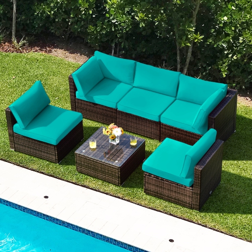 Patiojoy 6PCS Wicker Patio Sectional Conversation Furniture Set with Coffee Table & Seat Cushions Navy/Black/Turquoise/Red