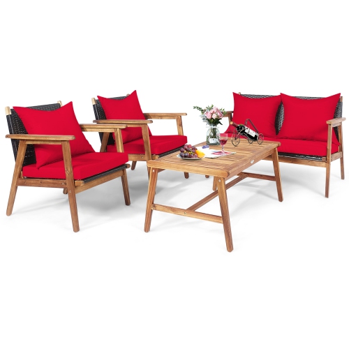 Patiojoy 4PCS Patio Outdoor Rattan Furniture Set Acacia Wood Frame Conversation Set w/Coffee Table Brown/Navy/Red