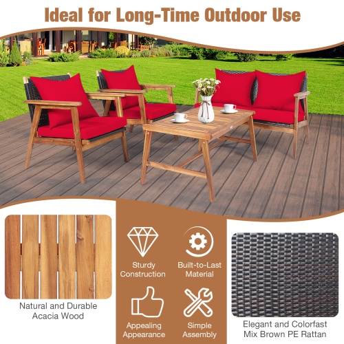 Patiojoy 4PCS Patio Outdoor Rattan Furniture Set Acacia Wood Frame Conversation Set w/Coffee Table Brown/Navy/Red