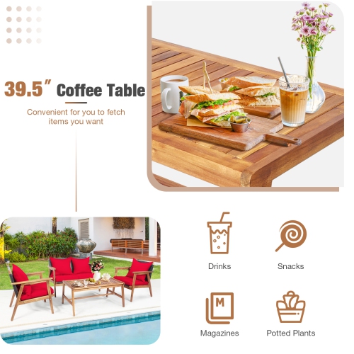 Patiojoy 4PCS Patio Outdoor Rattan Furniture Set Acacia Wood Frame Conversation Set w/Coffee Table Brown/Navy/Red