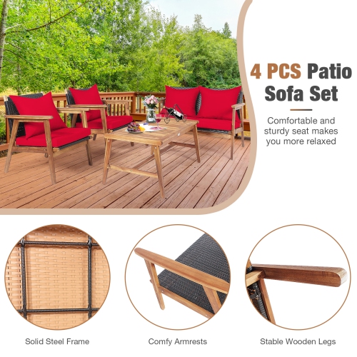 Patiojoy 4PCS Patio Outdoor Rattan Furniture Set Acacia Wood Frame Conversation Set w/Coffee Table Brown/Navy/Red