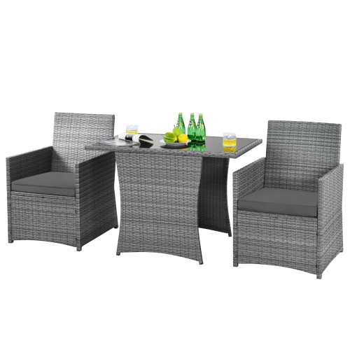 Patiojoy 3PCS Patio Rattan Furniture Set Outdoor Wicker Table & Chair Set w/Cushions White/Red/Gray/Turquoise/Navy