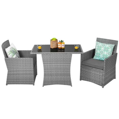 Patiojoy 3PCS Patio Rattan Furniture Set Outdoor Wicker Table & Chair Set w/Cushions White/Red/Gray/Turquoise/Navy