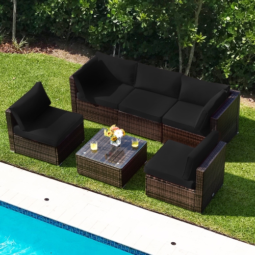 Patiojoy 6PCS Wicker Patio Sectional Conversation Furniture Set with Coffee Table & Seat Cushions Navy/Black/Turquoise/Red