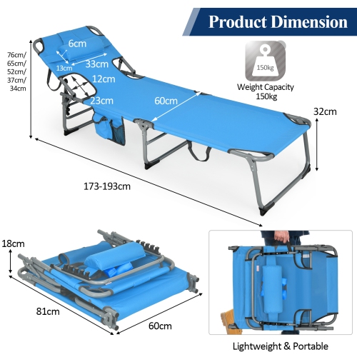 Patiojoy Beach Lounge Chair Reclining Chair with 5 Adjustable Positions Detachable Pillow &Hand Ropes Blue/Black/Gray/Turquoise