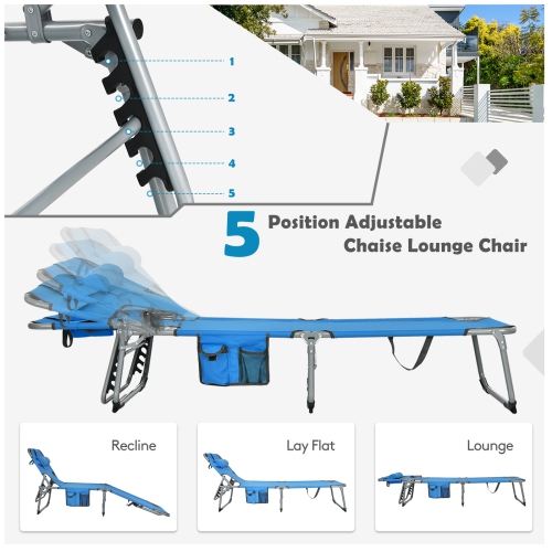 Patiojoy Beach Lounge Chair Reclining Chair with 5 Adjustable Positions Detachable Pillow &Hand Ropes Blue/Black/Gray/Turquoise