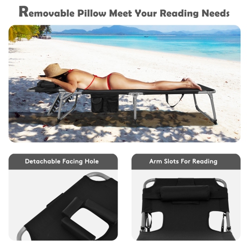 Patiojoy Beach Lounge Chair Reclining Chair with 5 Adjustable Positions Detachable Pillow &Hand Ropes Blue/Black/Gray/Turquoise