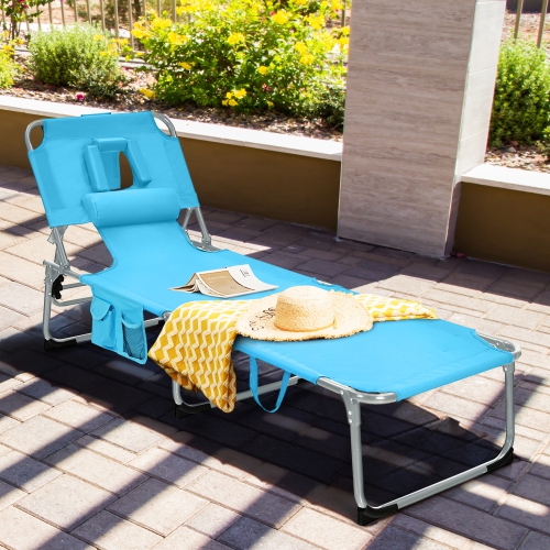 Patiojoy Beach Lounge Chair Reclining Chair with 5 Adjustable Positions Detachable Pillow &Hand Ropes Blue/Black/Gray/Turquoise