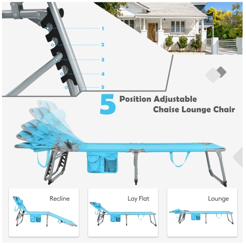 Patiojoy Beach Lounge Chair Reclining Chair with 5 Adjustable Positions Detachable Pillow &Hand Ropes Blue/Black/Gray/Turquoise