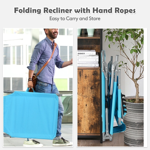 Patiojoy Beach Lounge Chair Reclining Chair with 5 Adjustable Positions Detachable Pillow &Hand Ropes Blue/Black/Gray/Turquoise