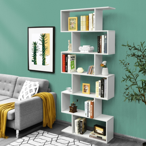 Topbuy 6-Tier S-Shaped Wooden Bookshelf Storage Bookcase Multifunctional Display Stand Shelf