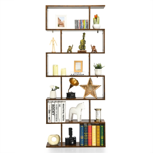 Topbuy 2 PCS 6-Tier S-Shaped Wooden Bookshelf Storage Bookcase Multifunctional Display Stand Shelf