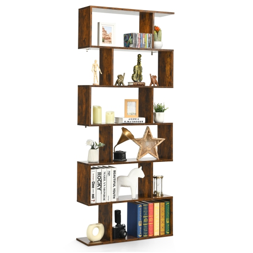 Topbuy 6-Tier S-Shaped Wooden Bookshelf Storage Bookcase Multifunctional Display Stand Shelf