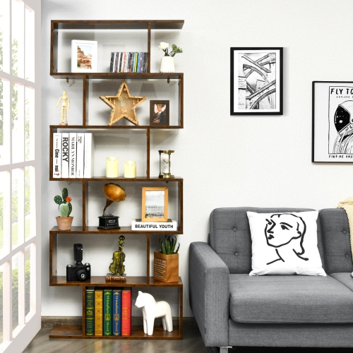 Topbuy 6-Tier S-Shaped Wooden Bookshelf Storage Bookcase Multifunctional Display Stand Shelf