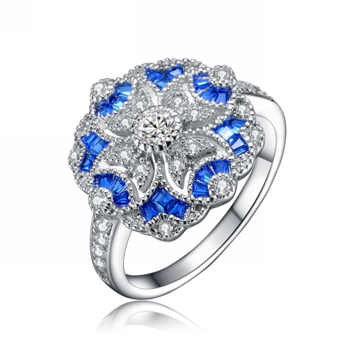 Rozzato Sterling Silver Sapphire Cubic Zirconia Floral Cocktail Ring Size 8