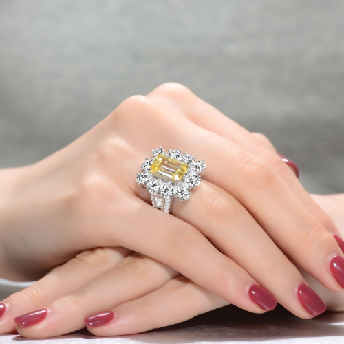 Bague Cocktail Halo en Argent Sterling avec Zircon Cubique Jaune