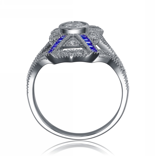 Rozzato Sterling Silver Sapphire Cubic Zirconia Geometrical Coctail Ring Size 7