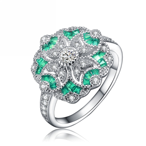 Rozzato Sterling Silver Emerald Cubic Zirconia Floral Cocktail Ring Size 7