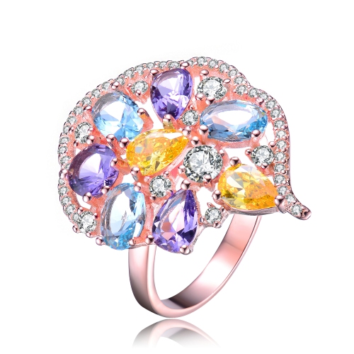 ROZZATO  Sterling Silver Rose Plated Multi Colored Cubic Zirconia Coctail Ring Size 7 In Gold