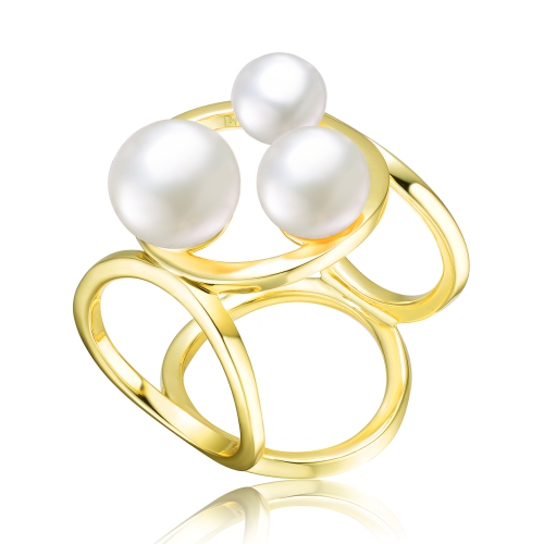 Rozzato Sterling Silver Gold Plated 6.5-8mm Freshwater Pearls Geometric Ring Size 8