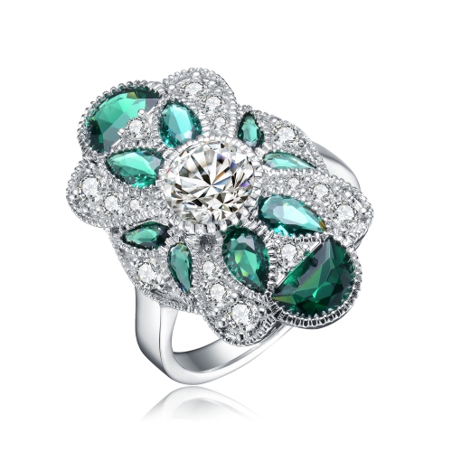 Rozzato Sterling Silver Emerald Cubic Zirconia Floral Cocktail Ring Size 8