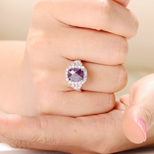 Rozzato Sterling Silver Rose Gold Plated Amethyst Cubic Zirconia Pave Cocktail Ring Size 6