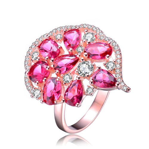 Rozzato Sterling Silver Rose Gold Plated Ruby Cubic Zirconia Coctail Ring Size 6