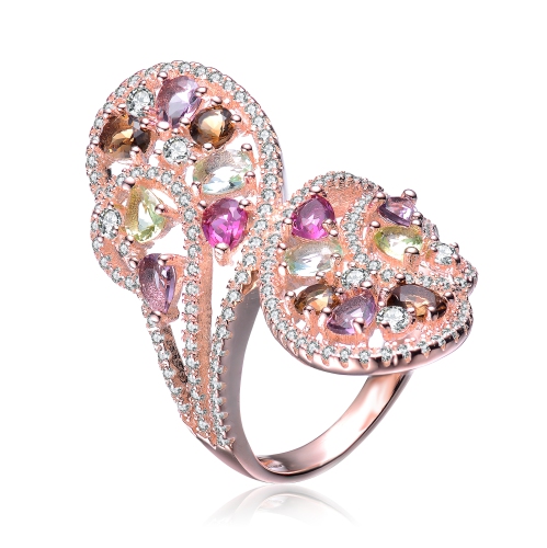 Rozzato Sterling Silver Rose Gold Plated Multi Colored Cubic Zirconia Swirl Ring Size 7