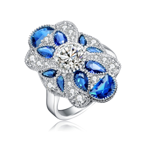 Rozzato Sterling Silver Sapphire Cubic Zirconia Floral Cocktail Ring Size 7