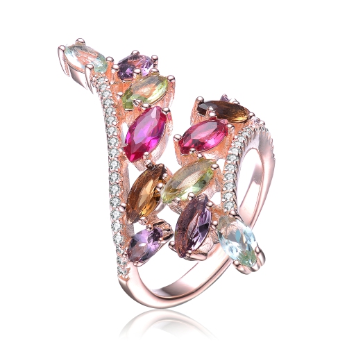 Rozzato Sterling Silver Rose Gold Plated Multi Colored Cubic Zirconia Coctail Ring Size 7