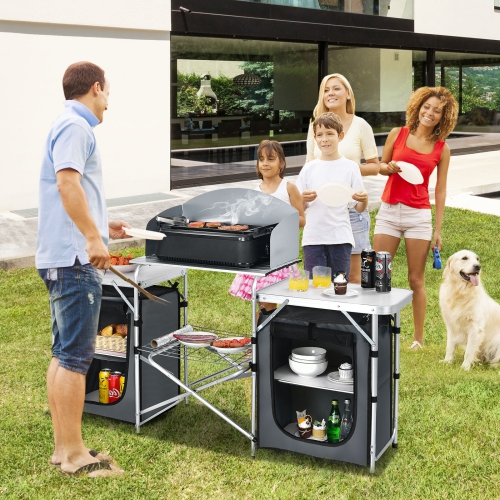 Topbuy Portable Camping Kitchen Table Aluminum Fold-Up Camping Kitchen with Windscreen for BBQ, Picnic, Party Gray/Black