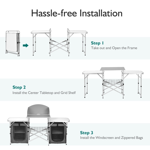 Topbuy Portable Camping Kitchen Table Aluminum Fold-Up Camping Kitchen with Windscreen for BBQ, Picnic, Party Gray/Black