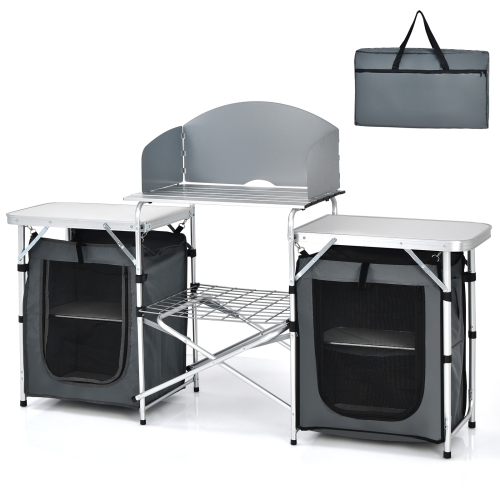 Topbuy Portable Camping Kitchen Table Aluminum Fold-Up Camping Kitchen with Windscreen for BBQ, Picnic, Party Gray/Black
