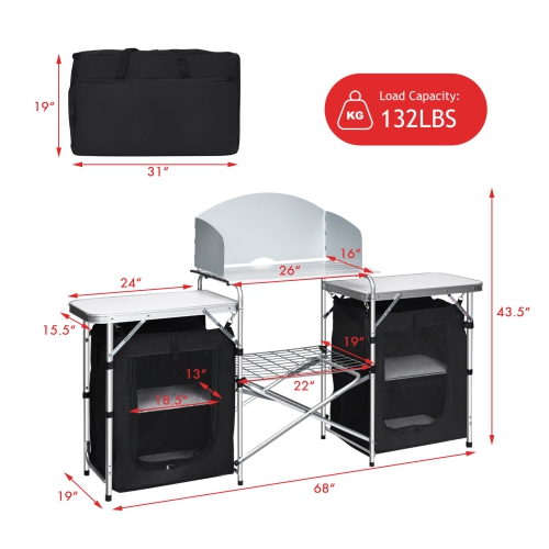 Topbuy Portable Camping Kitchen Table Aluminum Fold-Up Camping Kitchen with Windscreen for BBQ, Picnic, Party Gray/Black