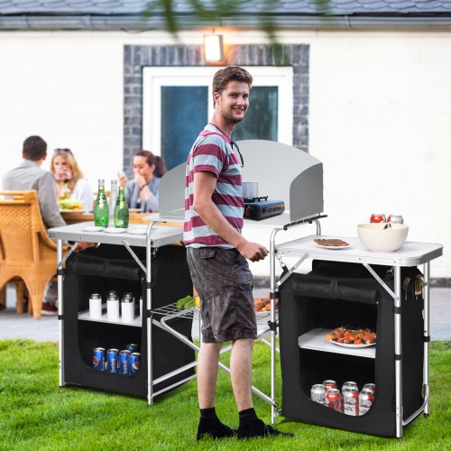 Topbuy Portable Camping Kitchen Table Aluminum Fold-Up Camping Kitchen with Windscreen for BBQ, Picnic, Party Gray/Black