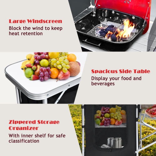 Topbuy Portable Camping Kitchen Table Aluminum Fold-Up Camping Kitchen with Windscreen for BBQ, Picnic, Party Gray/Black