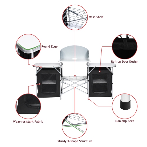 Topbuy Portable Camping Kitchen Table Aluminum Fold-Up Camping Kitchen with Windscreen for BBQ, Picnic, Party Gray/Black