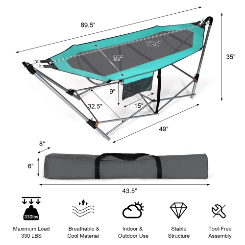 Topbuy Portable Folding Hammock Free Standing Hammock W/ Stand-Folds&Carrying Bag&Anti-Slip Buckle&Storage Pocket