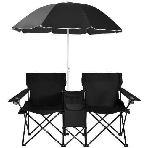 Chaise de pique-nique pliable portative double avec parasol et mini table chaise de camping extérieur Topbuy gris plage/noir/turquoise