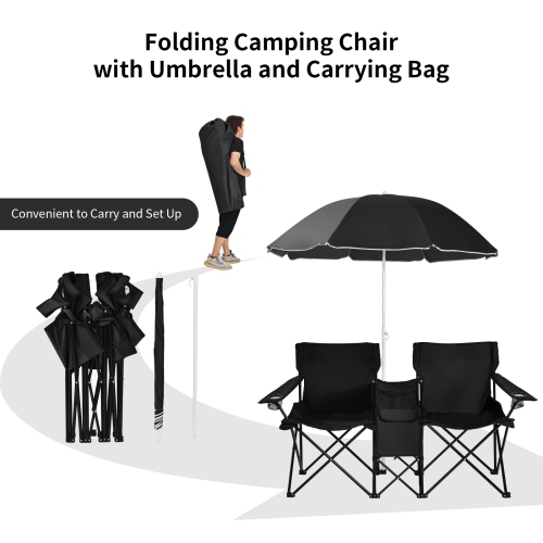 Topbuy Portable Folding Picnic Double Chair with Umbrella&Mini Table Outdoor Camping Chair for Beach Gray/Black/Turquoise