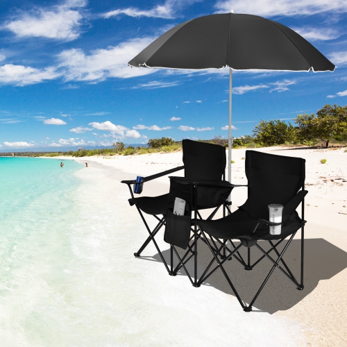 Topbuy Portable Folding Picnic Double Chair with Umbrella&Mini Table Outdoor Camping Chair for Beach Gray/Black/Turquoise