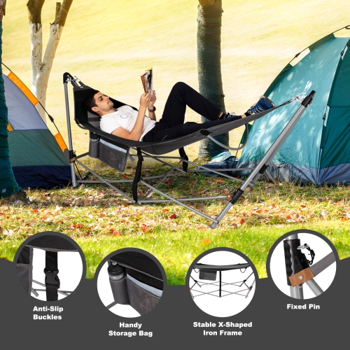 Topbuy Portable Folding Hammock Free Standing Hammock W/ Stand-Folds&Carrying Bag&Anti-Slip Buckle&Storage Pocket