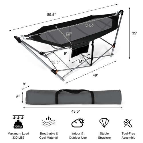 Topbuy Portable Folding Hammock Free Standing Hammock W/ Stand-Folds&Carrying Bag&Anti-Slip Buckle&Storage Pocket